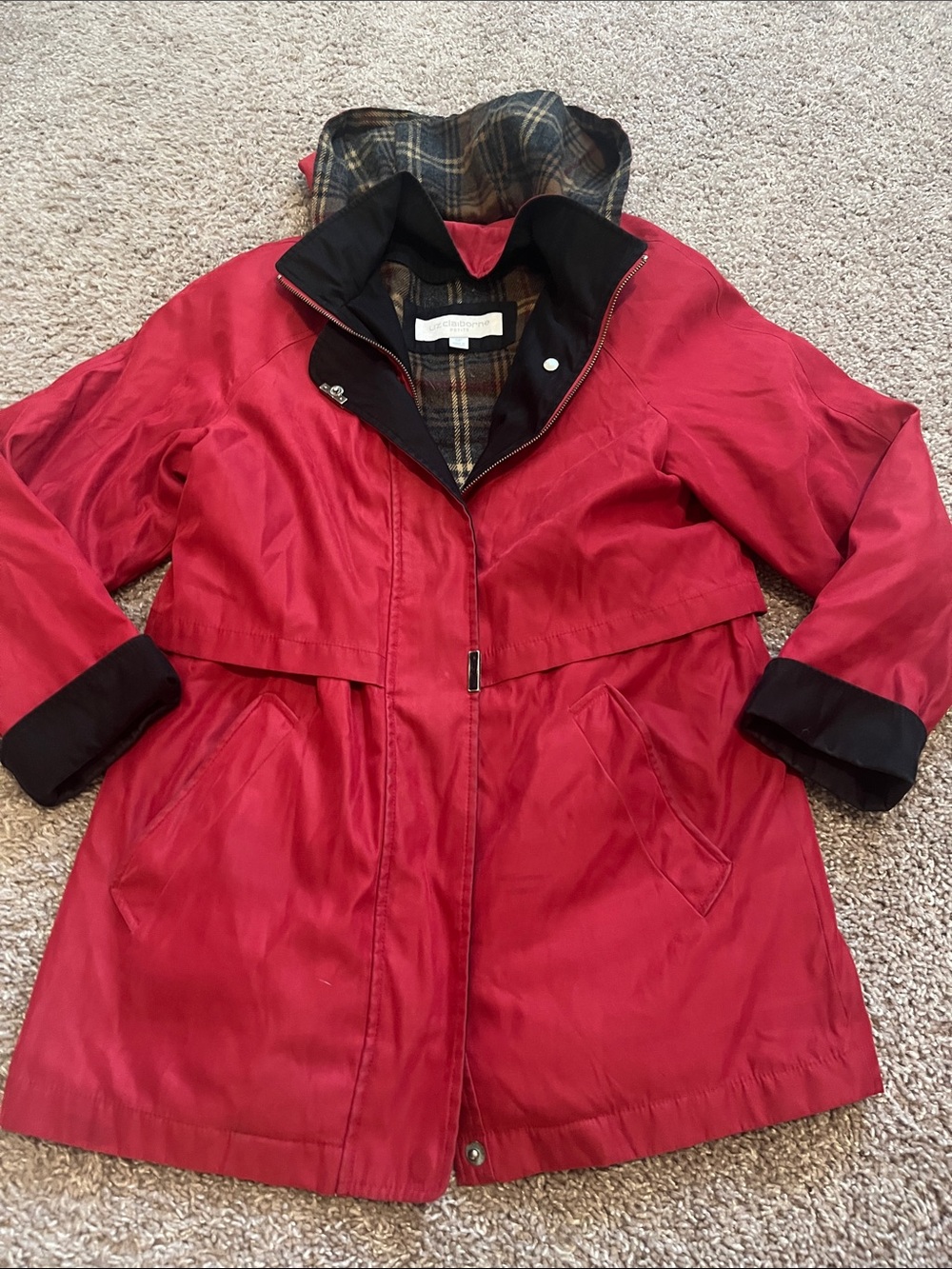 Liz Claiborne Red Trench Coat with Black Trim